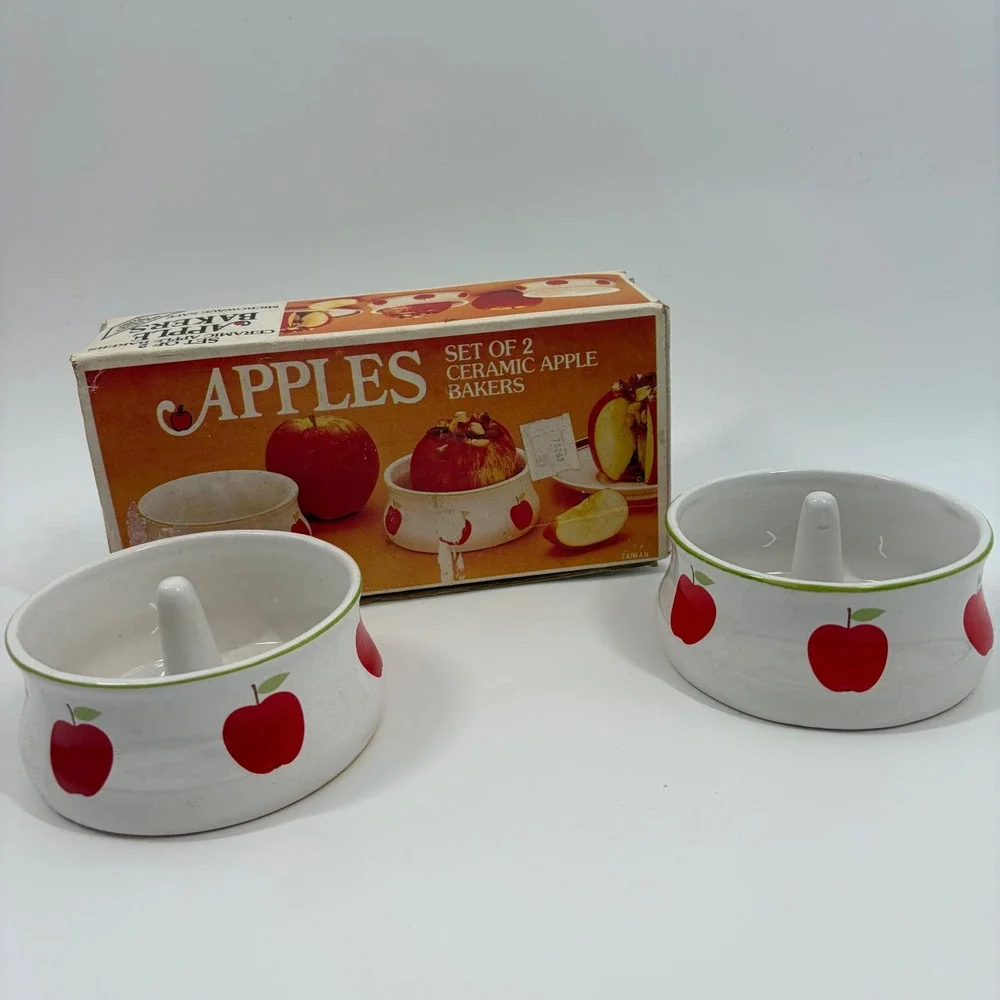 Vintage Set of 2 Ceramic Apple Bakers White Red Fruit Motif Microwave Safe Box